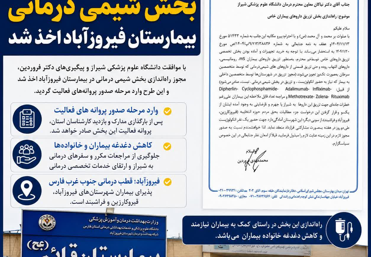 مجوز راه‌اندازی بخش شیمی‌درمانی بیمارستان فیروزآباد اخذ شد